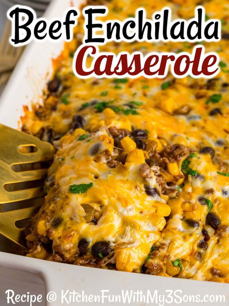 With ingredients like ground beef, enchilada sauce, beans, corn, and tortillas, this Easy Beef Enchilada Casserole recipe offers all the great flavors of classic enchiladas with none of the work. Perfect for busy weeknights! #groundbeefrecipes #easycasseroles #texmexrecipes Quick Easy Mexican Meals, Ground Beef Corn Recipes, Corn Tortilla Enchiladas Beef, Enchalidas Casserole Beef, Taco Enchilada Casserole, Easy Beef Enchilada Casserole, Enchiladas Casserole Beef, Classic Casserole Recipes, Beef Fajita Casserole Recipe