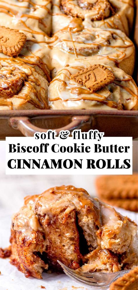 These Biscoff Cinnamon Rolls have a soft, fluffy yeasted dough with an ooey-gooey cinnamon and cookie butter filling. They're topped with a cream cheese and cookie butter icing for a sweet, caramelly cookie flavored bite. These cinnamon rolls are vegan, dairy-free, and eggless but you won't be able to tell the difference! They're perfect for brunch, breakfast or dessert year round or for holidays like Christmas. Fluffy Cinnamon Rolls Homemade Recipe, Biscoff Cinnamon Rolls Recipe, Different Flavors Of Cinnamon Rolls, Freezer Cinnamon Rolls Recipe, Big Fluffy Cookies, Cinnamon Rolls Homemade Flavors, Flavoured Cinnamon Rolls, Coconut Cinnamon Rolls, Upgraded Canned Cinnamon Rolls