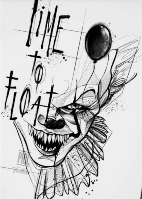 We All Float Down Here Tattoo, Horror Movie Tattoos Ideas Drawing, Video Game Characters Drawings, Pennywise Tattoo Stencil, Tattoo Style Drawings Sketches, Pennywise Drawing Sketch, Pennywise Tattoo Design, Horror Movie Tattoos Ideas, Horror Tattoo Stencil