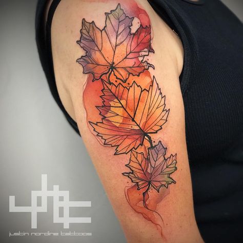 It’s as though the mountain were on fire. Leaves of red, orange and yellow.  @painfulpleasures @electrumstencilprimer @afterinked… Fall Leaves Tattoo Sleeve, Maple Leaves Tattoo, Maple Leaves Tattoo Design, Fall Leaf Tattoo Autumn, Watercolor Maple Leaf Tattoo, Maple Leaf Tattoos, Blue Jay Tattoo, Watercolor Autumn Leaves, Autumn Tattoo