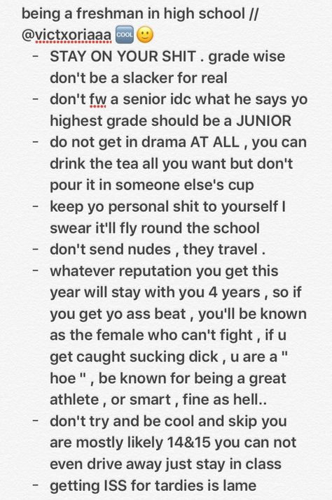 Freshman advice 🖖🏾 High School Preparation, Highschool Advice, Highschool Tips, Hacks School, High School Prep, High School Help, Freshman Advice, Freshman Tips, School Advice