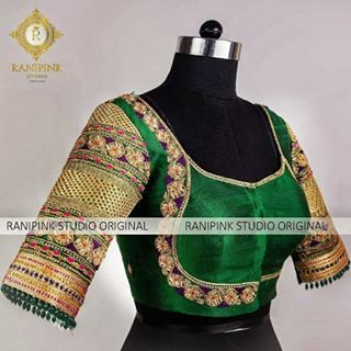 Green Silk Blouse, Blouse Models, Plain Blouse, Zari Work, Blouse Design Models, Embroidery Blouse Designs, Bottle Green, Embroidery Blouse, Green Silk