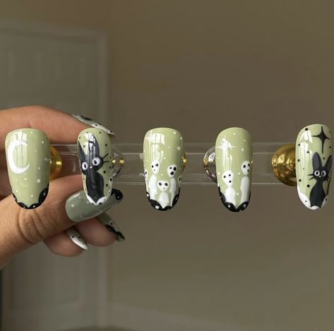 Studio Ghibli Nails, Ghibli Nails, Ghibli Kiki, Cute Simple Nails, Anime Nails, Vibrant Nails, Pretty Gel Nails, Princess Mononoke, Cat Nails