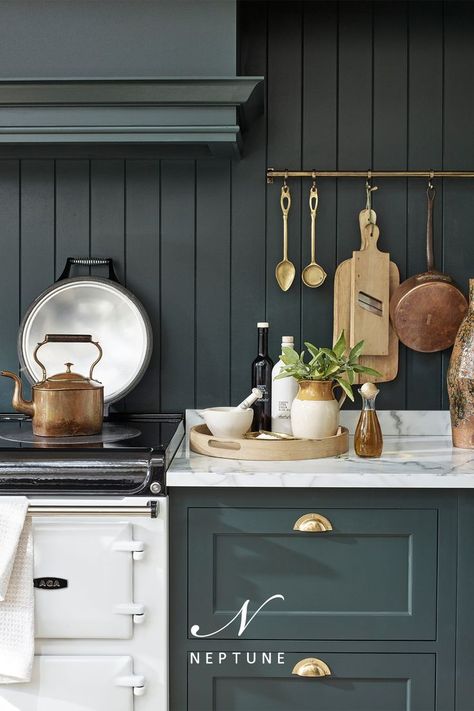 Neptune Kitchen, Dark Green Kitchen, Disc Interiors, Kitchen Cost, Dark Paint Colors, Solid Wood Kitchens, Eggshell Paint, Colored Ceiling, Chichester