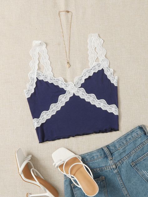 Navy Blue Elegant   Viscose Colorblock Cami Embellished Slight Stretch Summer Women Tops, Blouses & Tee Cami Top Outfit, Top Azul, Birthday List, Clothes Ideas, Lace Panelled, Tank Top Cami, Cami Top, Women Tops, Cami Tops