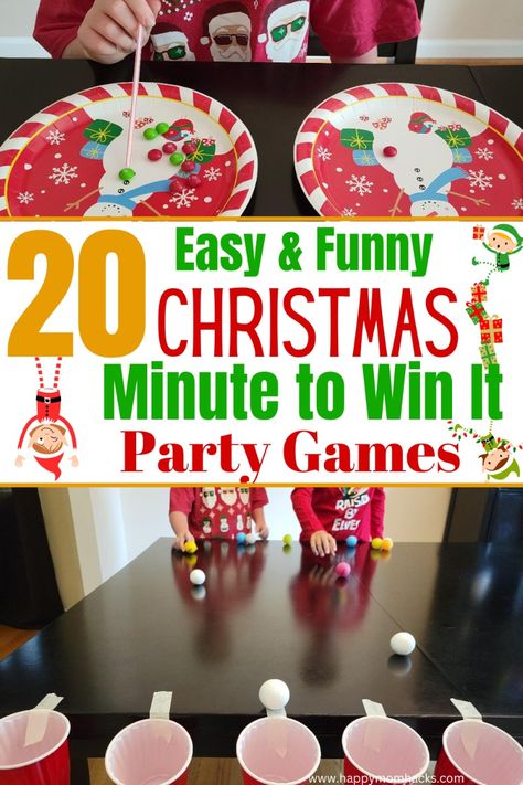 20 Fun & Easy Minute to Win It Games for Families. Quick 1 minute games that are funny challenges for kids & adults. Play these holiday party games at Christmas parties, class parties, youth groups, Ugly Sweater parties, or office parties. Perfect group games to get everyone at your party laughing and having fun together! Funny Christmas Games For Groups, Christmas Games For Family Minute To Win It, Work Christmas Party Games Hilarious, Dollar Tree Minute To Win It Games, Minute To Win It Christmas Games Funny, Fun Games For Christmas Party Families, Group Christmas Games Holiday Parties, Family Christmas Games Hilarious Holiday Parties, Christmas Games Minute To Win It