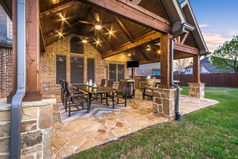 Patio Cover and Kitchen in Murphy - Texas Custom Patios Backyard Upgrades, Covered Patio Design, Patio Remodel, Screened Porches, Outdoor Covered Patio, Roof Ideas, Covered Patios, Outdoor Patios, Backyard Pavilion