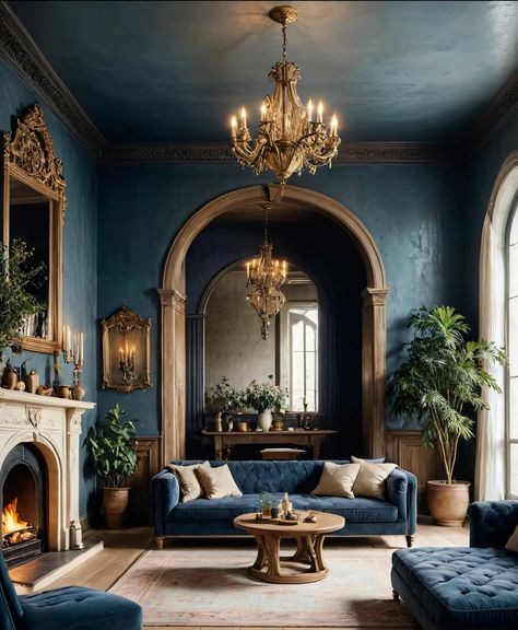 Academia House, Moody Living Room, Victorian Interiors, Modern Victorian, Trendy Home Decor, Blue Living Room, Elegant Living Room, Blue Rooms, Elegant Living