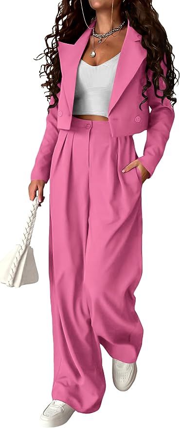 Amazon.com: PRETTYGARDEN Women's 2 Piece Casual Outfits Cropped Blazer Jackets High Waisted Wide Leg Work Pants Suit Set (Pink,XX-Large) : Clothing, Shoes & Jewelry Wide Leg Work Pants, Wide Leg Pant Suit, Cropped Blazer Jacket, Business Casual Outfits For Women, Pantsuits For Women, Blazer Set, Leg Work, Blazer Designs, Pants Suit