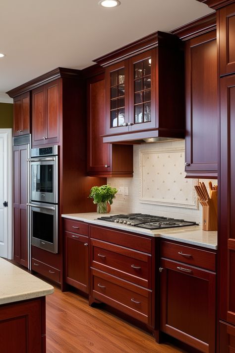 Kitchen Backsplash With Cherry Cabinets, Chestnut Kitchen Cabinets, Cherry Cabinet Kitchen, Cabinet Kitchen Ideas, Chestnut Kitchen, Cherry Kitchen Cabinets, Mahogany Kitchen, Luxury Hot Tubs, Flat Panel Doors