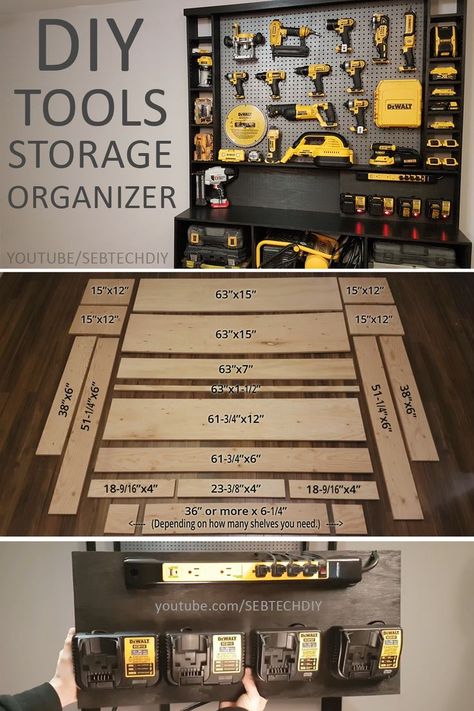 So i had to organize my power tools, i decided to build my own diy power tools organizer with a charging station. Tools storage and organization is very good when you have a small workshop like me. Build your power tool storage organizer using my free plans. Organize your workshop today! #tool #storage #organizer Power Tools Storage, Wall Tool Organizer, Dewalt Storage, Diy Pull Up Bar, Wall Storage System, Tool Organization Diy, Tool Wall Storage, Tool Wall, Tools Organizer