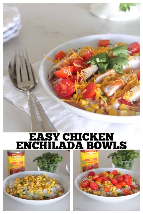 Enchilada Bowl Recipe, Enchiladas Bowl, Enchilada Bowls, Enchilada Bowl, Budha Bowl, Easy Chicken Enchilada Recipe, Bowl Meals, Layer Chicken, Chicken Bowls