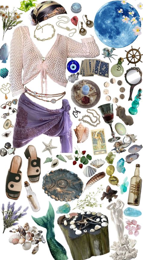 Seaside Aesthetic Outfit, Mermaid Aesthetic Outfit Summer, Sea Witch Clothes, Ocean Witch Aesthetic Fashion, Whimsigoth Beach Outfit, Sea Witch Outfit Aesthetic, Water Witch Aesthetic Outfit, Sea Witch Fashion, Water Fairy Aesthetic Outfit