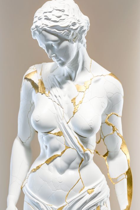 Kintsugi Statue, Kintsugi Fashion, Kintsugi Aesthetic, Kintsugi Art, Human Sculpture, Sculpture Painting, Japanese Crafts, Body Painting, Fashion Sketches