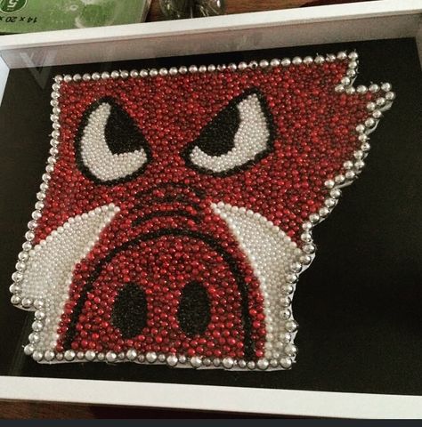 Arkansas Razorback with Mardi Gras beads in a shadow box. Arkansas Razorbacks Crafts, Vampire Music, Buttons Crafts Diy, Buttons Crafts, Woo Pig Sooie, Arkansas Razorback, Mardi Gras Beads, Fair Projects, Resin Ideas