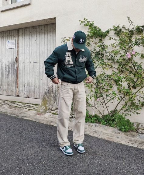 green on beige , nike dunks , green , green outfit , mens fashion , varsity jacket , green cap , fashion Aj1 Outfits Men, Beige Nike Dunks, Nike Dunks Outfit Men, Varsity Jacket Outfit Mens, Green Shoes Outfit, Nike Dunks Outfit, Varsity Outfit, Dunk Outfits, Green Jacket Outfit