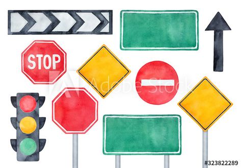 Stock Image: Watercolour illustration pack of various road signs, traffic lights and directional arrows. Hand painted water color sketchy drawing on white background, colorful clipart elements for creative design. Road Signs Illustration, Road Signs Drawing, Traffic Light Illustration, Road Sign Illustration, Traffic Illustration, Traffic Signs And Symbols, Signs Traffic, Painted Water, Traffic Lights