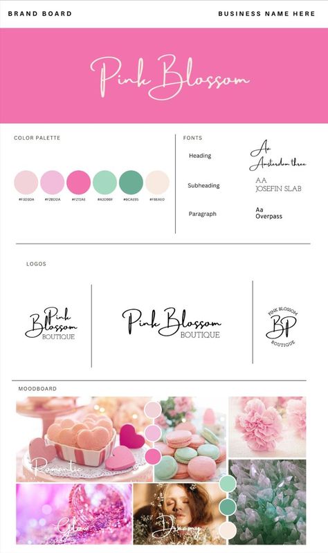 Pink Brand Colour Palette | Small Business Branding Kit | Brand Board Canva template | Logo Canva Template | Color Palette with Hex Code Pink colour palette for Small Business. Glamour Brand Board Canva template. Bright colors pink and green. Easy to use Canva templates. #etsy #brand #board #canva #template #brandkit #brandboard #branding #kit #logo #color #colour #palette #colorpalette #colourpalette #pink #green #idea #buy #glamour #font #business #hexcodes #hex #blossom #flower Brand Colour Palette, Brand Palette, Business Colors, Pink Palette, Color Palette Pink, Brand Color Palette, Green Colour Palette, Brand Kit, Pink Moon