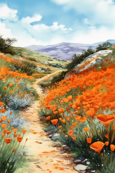 California Coast Watercolor, Watercolor California Poppy, Orange Painting Aesthetic, California Poppy Drawing, California Poppy Painting, Poppy Flower Watercolor, Fork Painting, California Poppy Flower, California Watercolor