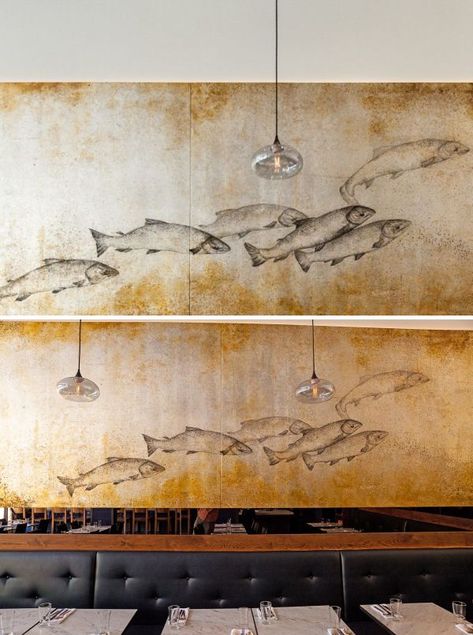 Fish Mural by Letty Samonte at Ferry Plaza Seafood Fish Mural Art, Fishing Mural, Fish Wall Mural, Fish Mural, Indoor Mural, Sea Paintings, Fish Shop, Selfie Wall, Fishing Shop