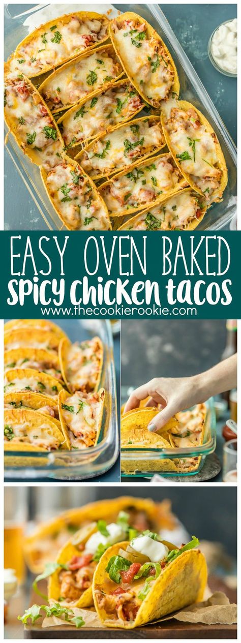 Recipe For A Crowd, Spicy Chicken Tacos, Spicy Baked Chicken, Baked Chicken Tacos, Chicken Taco Recipes, Easy Oven, Oven Baked Chicken, Think Food, Chicken Tacos