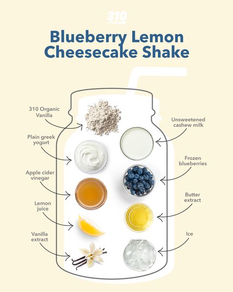 Lemon Cheesecake Protein Shake, Blueberry Protein Shake Recipe, Blueberry Protein Shake, 310 Nutrition Recipes, 310 Recipes, Blueberry Shake, Cheesecake Shake, Meal Shakes, Blueberry Lemon Cheesecake