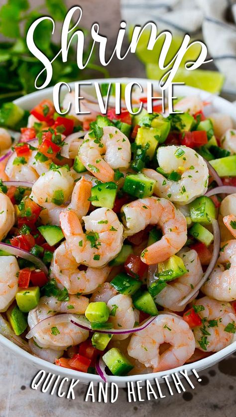 This shrimp ceviche recipe is fresh shrimp marinated with cucumber, red onions, cilantro, avocado and diced jalapenos. Mexican Shrimp Ceviche, Ceviche Recipe Mexican, Ceviche Recipes, Mexican Ceviche, Vegetable Recipes Dinner, Shrimp Ceviche Recipe, Mexican Shrimp, Recipe Shrimp, Recipes Shrimp