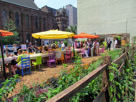 PHS (Pennsylvania Horticultural Society) Pop-up Park- phs pop up garden | Picnic, Learn and Grow This Summer in New Pop Up Community Garden Urban Gardens, Allotment Gardening, Communal Table, Outdoor Gathering, Garden Picnic, Garden Posts, Wooden Chairs, Restaurants Food, Outdoor Eating