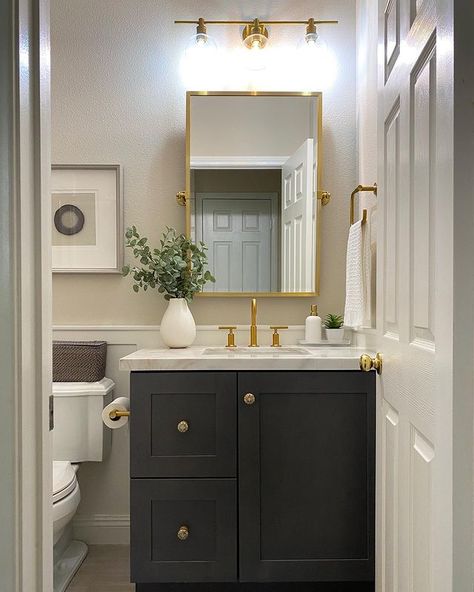 Donna Shamieh (@interiorsbydonnas) • Instagram photos and videos Powder Room Dark Cabinet, Guess Bathroom, Pivot Mirror, Half Bathroom Decor, Warm Bathroom, Kohler Purist, Bathroom White, Powder Room Makeover, Timeless Bathroom