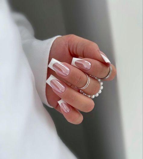 Glazed French Tip Nails Square, Square French Tip Chrome, Pearl Nails French Tip, Beige French Nails, Natural Nails French, Chrome French, Cat Eye Gel Polish, Beige Nails, French Tip Acrylic Nails