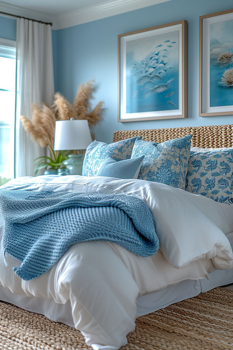 costal bedroom, ocean-themed bedroom, beach house bedroom, beachy interiors Ocean Inspired Bedroom, Costal Bedroom, Preppy Bedroom, Bedroom Decor Cozy, Bilik Tidur, Coastal Bedroom, Bedroom Refresh, Blue Rooms, Blue Bedroom