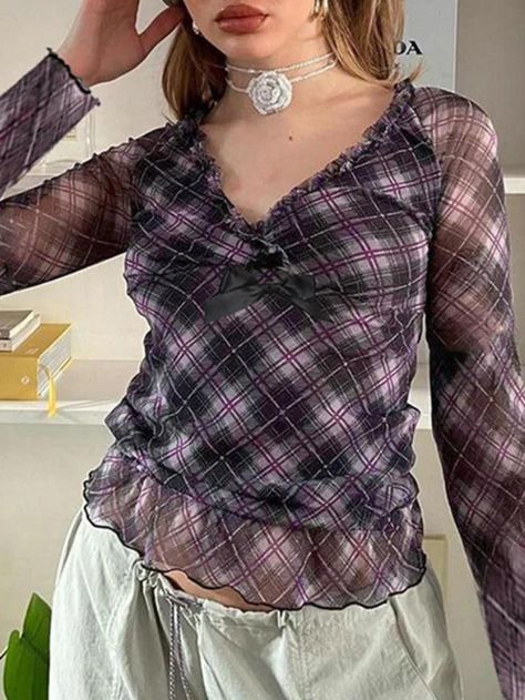 2023 Buy V Neck Plaid Mesh Bow Decor Long Sleeve Tee under US$22 in Tops&Tees Online Store. Free Shipping with US$69+. Check reviews and buy it today. Style: Casual/Street/Vintage/Sweet/Y2K/Preppy Fabric Content: Polyester Fit Type: Slim Fit Neckline: V Neck Use code pin23 for an extra 23% off! #y2k #retro #aesthetic #vintage #vintagestyle #newyear #newyearseve #christmas #spring #summer #summerstyle #streetstyle #outfits #ootd #trendyoutfits #fashionista #casualoutfits #longsleeve Mesh Bows, Fishnet Top, Look Retro, Y2k Preppy, Baby Tees Y2k, Bow Decor, Purple Plaid, 90s Grunge, Collars For Women