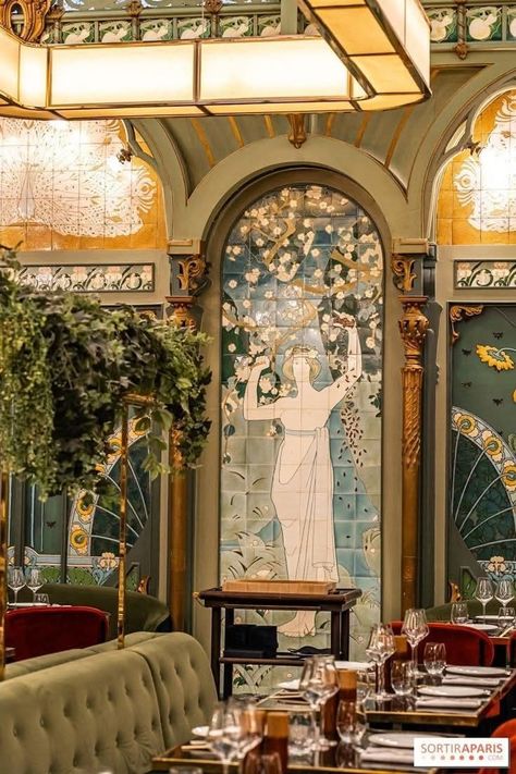 Art Nouveau Interior Architecture, Art Deco And Art Nouveau, Art Nouveau Cafe Interior, Moody Art Nouveau, Paris Cafe Interior Design, Art Nouveau House Decor, Art Nouveau Office Design, Art Nouveau Inspired Interior, Art Nouveau Paris