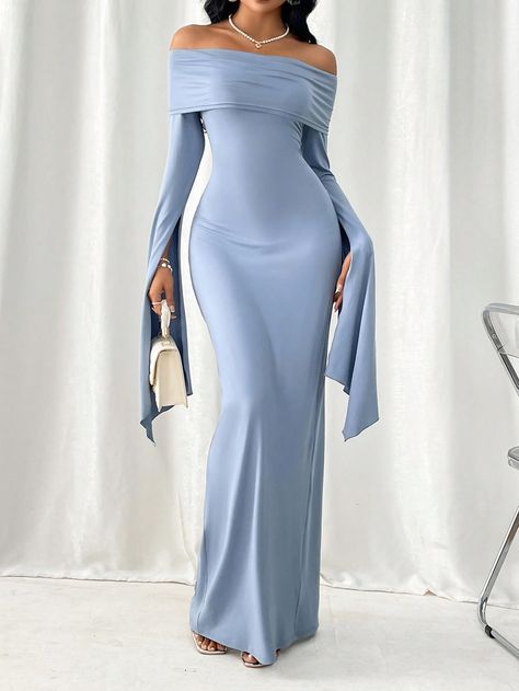 Teal Blue Party Collar Extra-Long Sleeve Fabric Plain Bodycon Embellished High Stretch  Women Clothing Prom Dress Ideas With Sleeves, Long Formal Dresses Elegant With Sleeves, Long Sleeve Classy Dress, Birthday Outfit Long Sleeve, Pretty Prom Dresses Long Sleeve, Prom Dresses Inspo Aesthetic, Formal Dresses Long With Sleeves, Long Elegant Dresses Classy, Bodycon Prom Dress Long