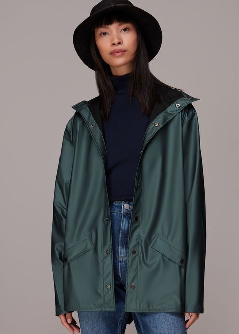 Dark Green Rains Jacket | WHISTLES Inspired by classic rainwear, this jacket is crafted from a water-resistant lightweight fabric with a matte and smooth finish. Green Jacket Outfit, Green Rain Jacket, Stylish Raincoats, Petite Dresses Casual, Blazers Black, Green Raincoat, Women Blazers, Petite Sweaters, Black Jackets