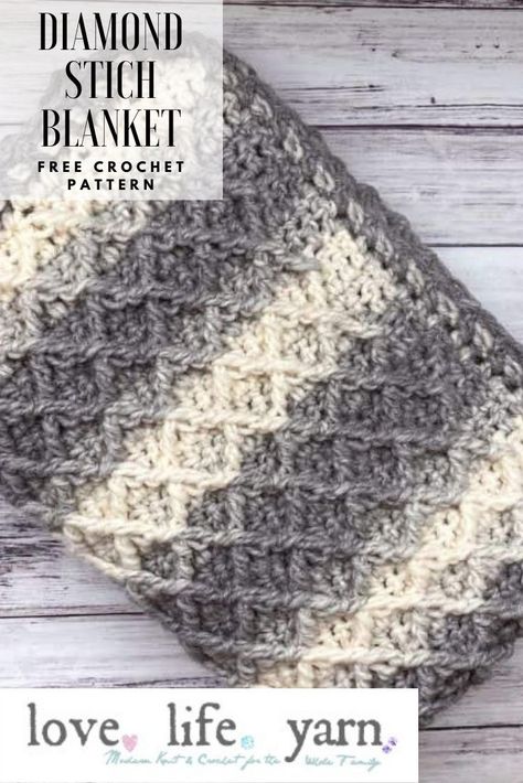 I love how this diamond stitch textures this crochet blanket pattern! Such a cool and fun free crochet pattern! #crochet #lovelifeyarn #freecrochetpattern #crochetpattern #freecrochet #funcrochet #easycrochet #crochetblanket #diamondstitch #crochetdiamond #crochetdiamondstitch #crochetwafflestitch #crochetblanketpattern #freecrochetblanketpattern Diamond Stitch Crochet Pattern, Cozy Crochet Blanket Pattern Free, Crochet Afghan Pattern For Men, Diamond Waffle Stitch Crochet Pattern, Fast Afghan Crochet Pattern, Queen Blanket Crochet Pattern, Granny Diamond Crochet Pattern, Queen Crochet Blanket Pattern, Diamond Pattern Crochet