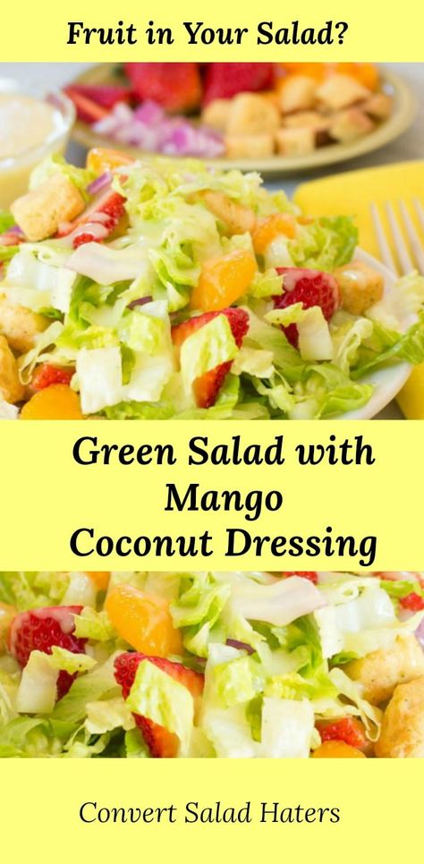 In A Bowl Recipes, Farm Meals, Coconut Dressing, Mandarin Salad, Mango Dressing, Salad With Mango, Strawberry Salad Recipe, Caribbean Foods, Meals Without Meat