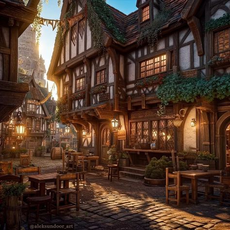 Fantasy Tavern Exterior, Medieval Tavern Aesthetic, Tavern Fantasy Art, Fantasy Tavern Art, Fantasy Tavern Aesthetic, Tavern Aesthetic, Medieval Inn, Tavern Art, Fantasy Inn