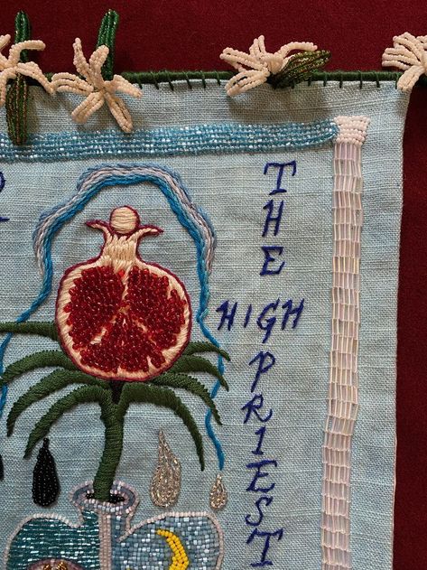 Pomegranate Bead Embroidery, Beads Embroidery Ideas, Embroidery Fine Art, Tessa Perlow Embroidery, Tarot Quilt, Embroidery Pomegranate, Embroidery Tarot, High Fashion Embroidery, Embroidered Pomegranate