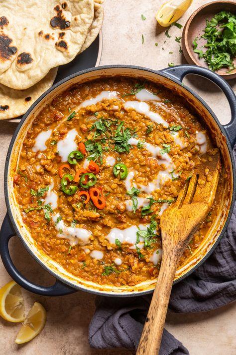 masoor dal in a skillet with fresh chilis and herbs. Cauliflower Soup Crockpot, Soup Recipes Cauliflower, Instant Pot Cauliflower Soup, Instant Pot Cauliflower, Recipes Cauliflower, Lentil Curry Recipes, Creamy Soup Recipes, Soup Crockpot, Soup Instant Pot