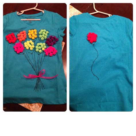 100 Days of School Shirt- 10 balloons with 10 pom poms per balloon. The 10th balloon floated away on the back. Fabric pen, hot glue, pom poms and ribbon, simple. 100 Days Pom Pom Shirt, 100 Day Shirt Ideas, 100days Of School Shirt, 100 Días De Clases, 100th Day Of School Crafts, 100 Day Of School Project, Dot Day, School Celebration, 100th Day Of School