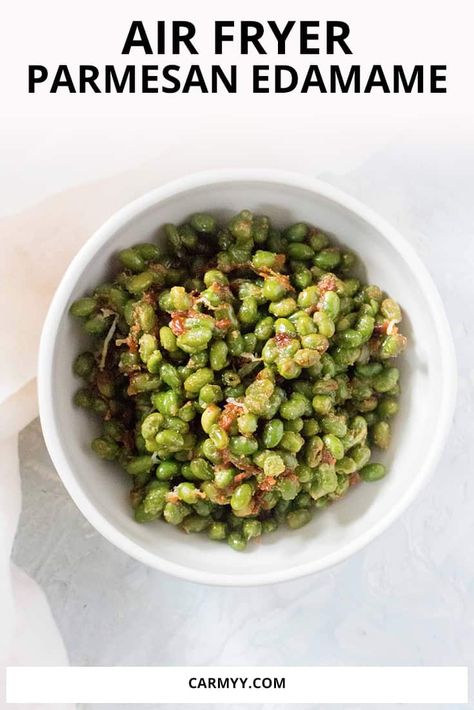 Want to spice up frozen edamame beans? Try this easy Air Fryer Parmesan Edamame to up your snack game! | Snack Ideas | Game Day Snacks | Healthy Snacks | Snack Meal Prep | Meal Prep Snack | Air Fryer Snack | Edamame Snack Game Snack Ideas, Crispy Edamame, Edamame Snack, Snack Meal Prep, Frozen Edamame, Edamame Recipes, Crispy Garlic, Easy Grilled Chicken, Edamame Beans