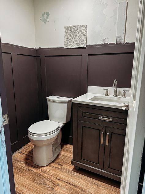 Sherwin Williams Darkroom in an English Cottage Powder Room Makeover | The Rural Legend Moody English Cottage, Half Bathroom Makeover, Vintage Powder Room, Modern Powder Room, Moody Vintage, Thrifted Decor, Dark Bathrooms, Powder Room Makeover, Cottage Vintage