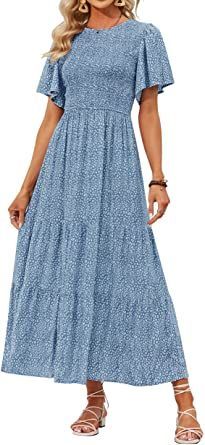 ZESICA Women's Summer Casual Floral Print Short Flutter Sleeve Crew Neck Smocked High Waist Flowy Maxi Dress Off Shoulder Floral Dress, High Waist Maxi Dress, Flowy Dress Long, Holiday Dresses Women, Spring Dresses Women, Bohemian Maxi Dress, Flowy Maxi Dress, Tiered Maxi Dress, Floral Print Shorts