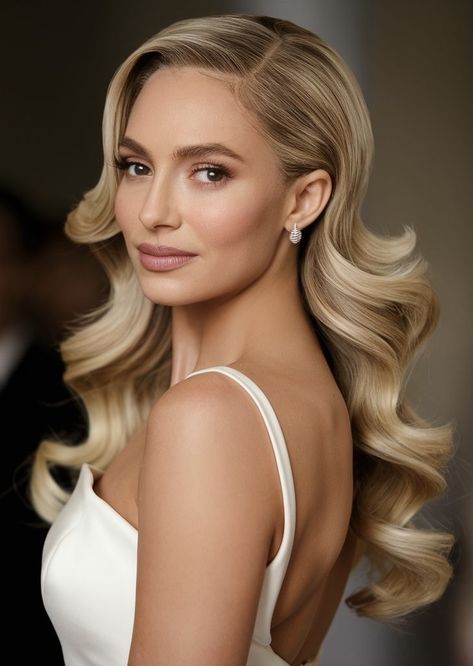 Hairstyles To The Side Wedding, Long Hair Down Bridal Hairstyles, Wedding Hair For Bride Long Hair, Bride Hairstyles Elegant Wedding, Hair Down Bridesmaid Hairstyles, Wedding Hair Styles For Guests, Wedding Guest Hair Inspiration, Hair Styles For Wedding Guest Down, Wedding Hairstyles Oval Face