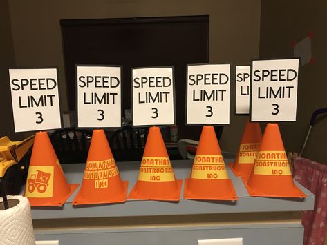 Speed limit 3 centerpieces for a 3 year old birthday! Three Year Old Car Birthday, Speed Limit 55 Birthday Ideas, Speed Limit 3 Birthday, Speed Limit 55 Birthday, Speed Limit Birthday, Construction Theme Birthday, Blaze Birthday, Birthday Centerpiece, Speed Limit