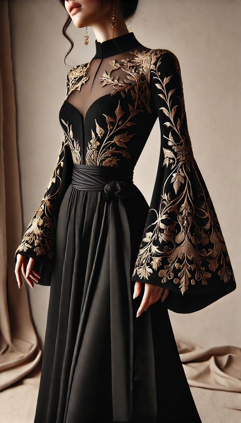 Black Formal Dress Elegant, Witchy Formal Dress, Black Dress With Gold Accents, Black Royal Dress Aesthetic, Fasion Dressing Women, Black Ethereal Dress, Black Mafia Dress, Black Fairytale Dress, Elegant Black Dress Aesthetic