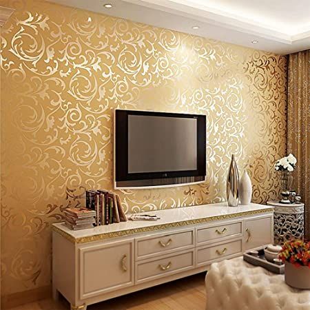 QIHANG Gold Yellow Netherland Victorian Damask/Embossed Textured Non-Pasted Wallpaper 1.73' Wide x 32.8' Length - - Amazon.com Wallpaper Tv Wall, Silver Wallpaper Living Room, Living Room Paint Ideas, Glitter Wallpaper Bedroom, Room Paint Ideas, Bedroom Paintings, Wall Painting Living Room, Gold Living Room Decor, Cheap Wallpaper