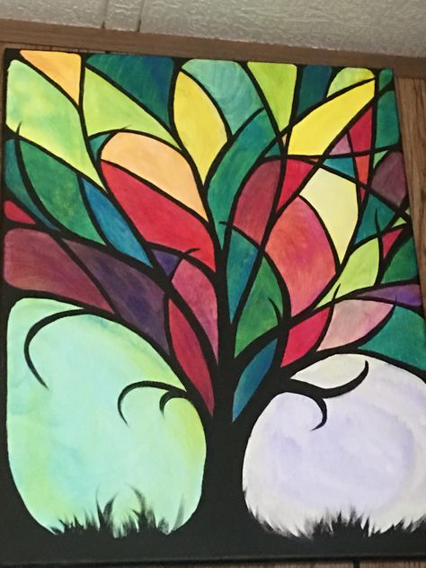 Stain glass tree painting. Mosaic Trees, Glass Tree, Painting Lessons, Stain Glass, Online Painting, Stained Glass Art, Silk Painting, String Art, Tree Art