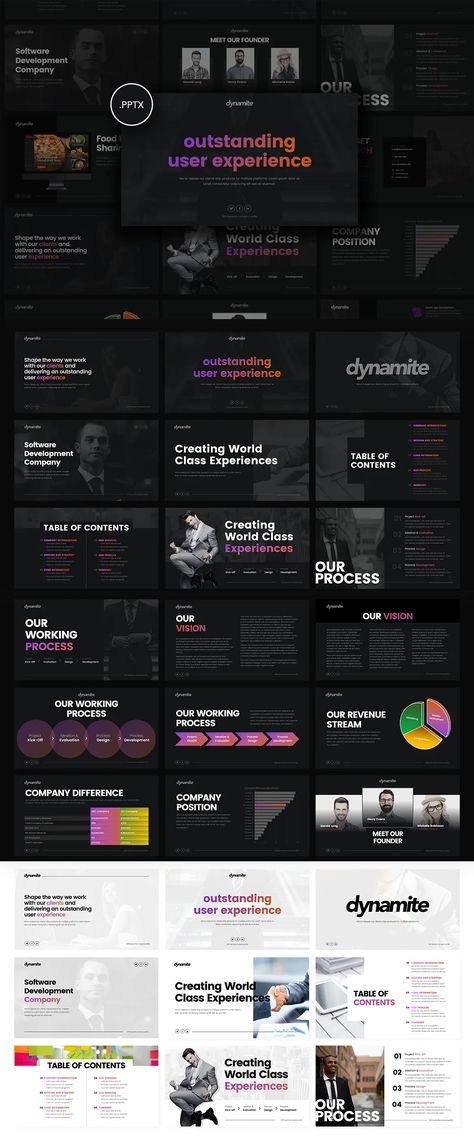 Dynamite - Creative PowerPoint Presentation Template - A great company is not just about the company itself, but also how you present your company. Dynamite is made for you to make your presentation looks professional. It's a modern and fresh Powerpoint template for a creative company, business, entrepreneur, professional. This template includes 25 unique slides with 2 color-thems: Dark and Light. Unique slides with different categories, Title, Paragraph, Team, Values, Portfolio, Services. Tech Slide Design, Presentation Dark Design, Professional Slide Design, Dark Powerpoint Template, Dark Presentation Template, Presentation Title Slide Design, Tech Company Profile Design, Dark Powerpoint Design, Powerpoint Business Design